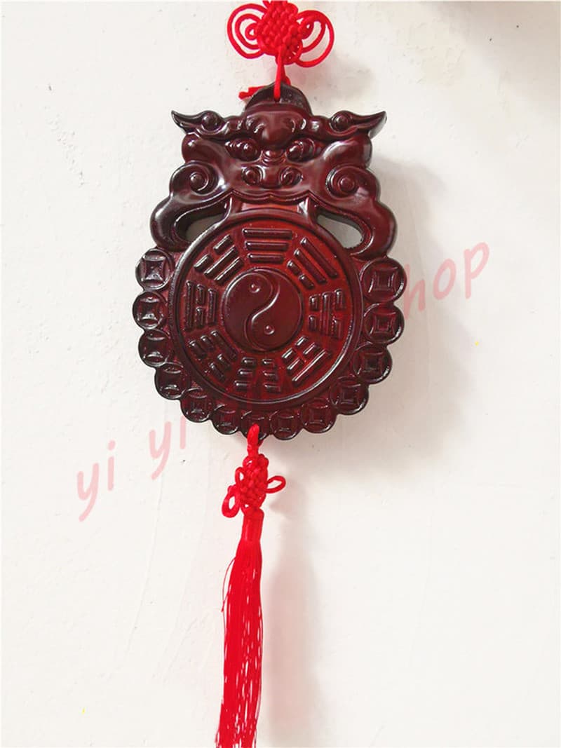 Peach Wood Beast Head Bagua Mirror Tiger Head Pendant Wood Carving Feng Shui