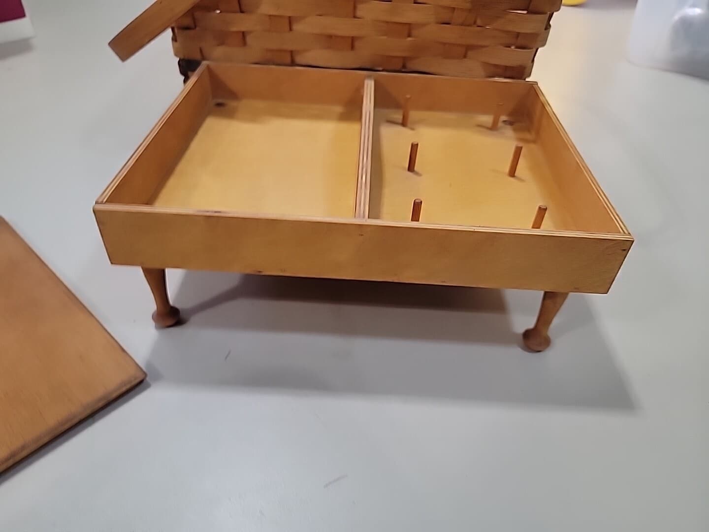 Vintage Handcrafted Signed Wood Basket Weave Large Picnic Basket With Wood Tray 3