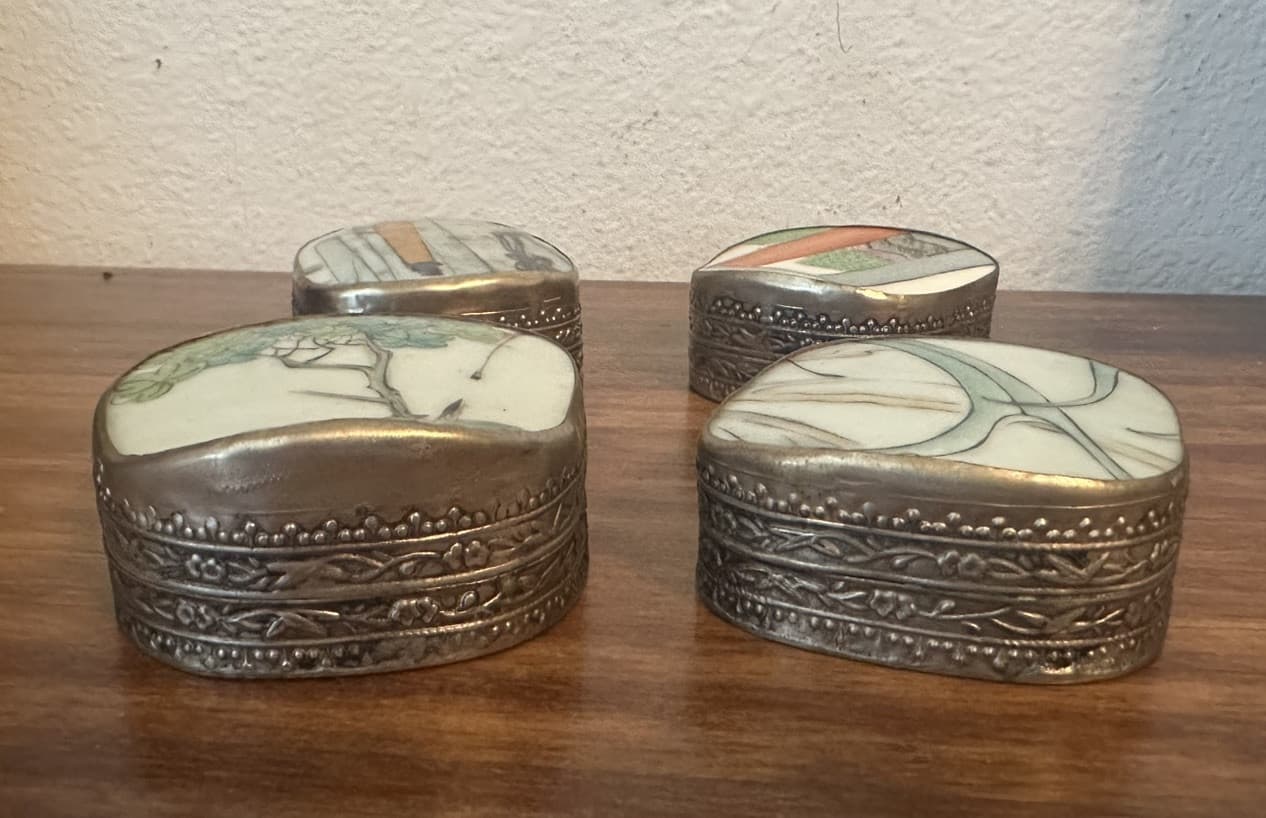 Antique Chinese Porcelain Pottery Shard Trinket Boxes, Silver Repousse- Set of 4 2