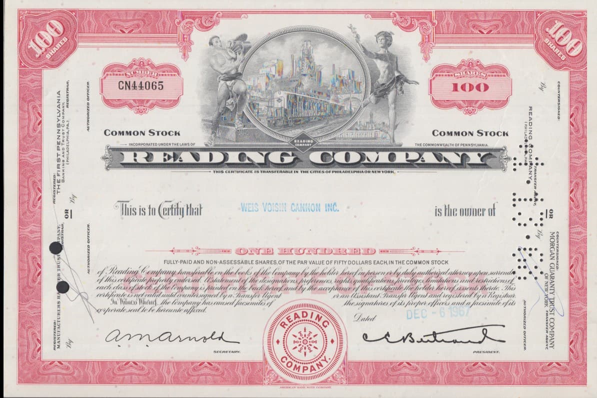 Reaading Railroad Company stock certificate 100-shares 1967