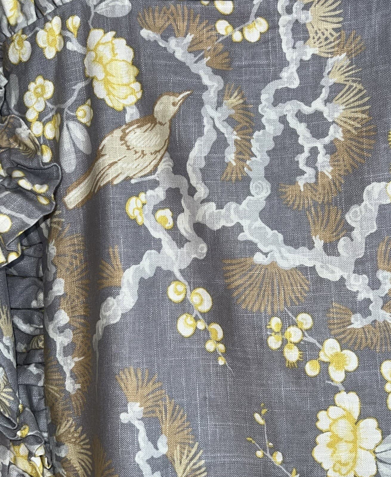 2 Handmade Pillow Shams Gray & Yellow Flowers & Birds Expensive Linen Fabric 35” 3