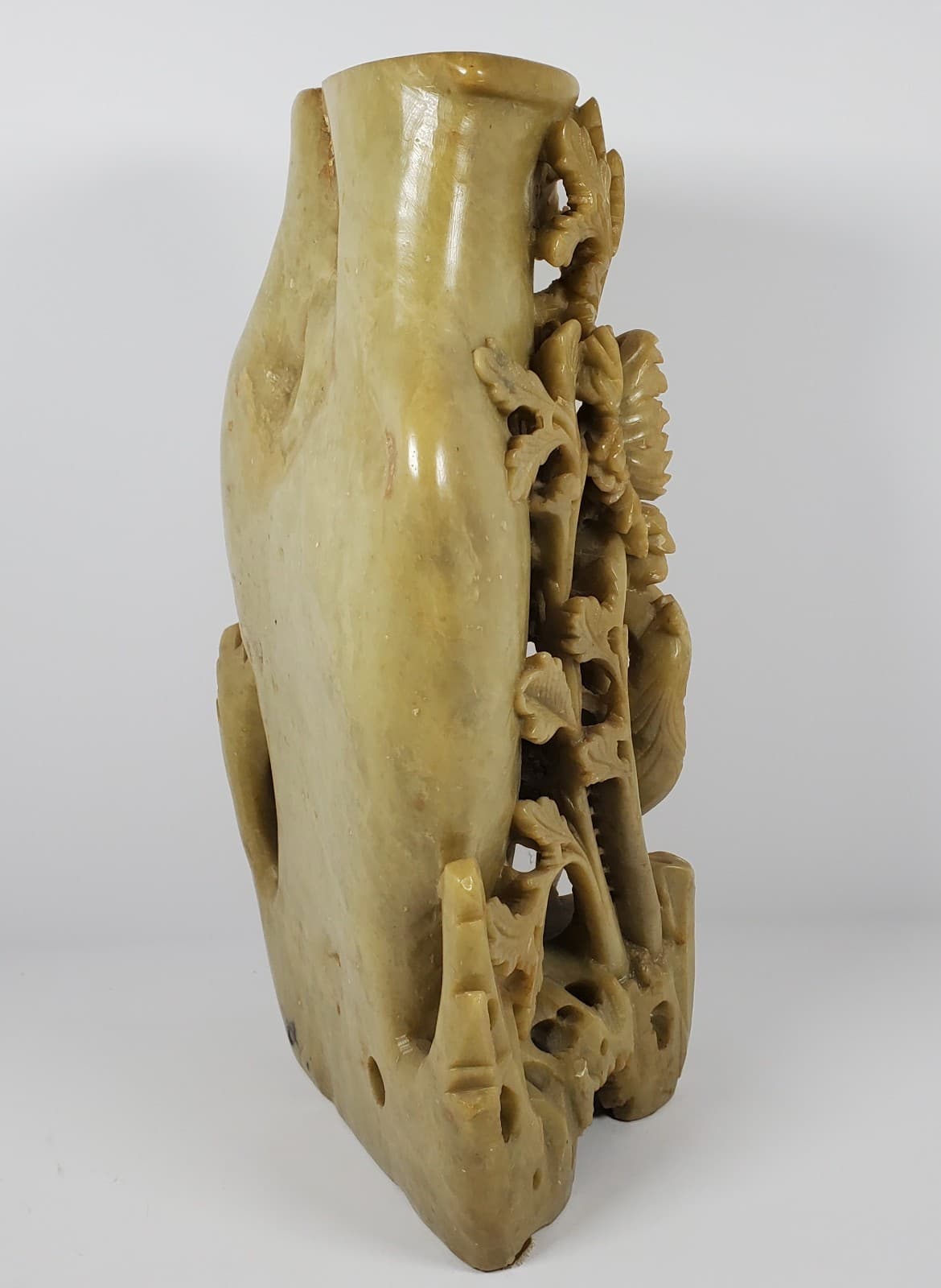 Vintage Large Chinese Hand Carved Soapstone Floral Vase with Bird Accents 5
