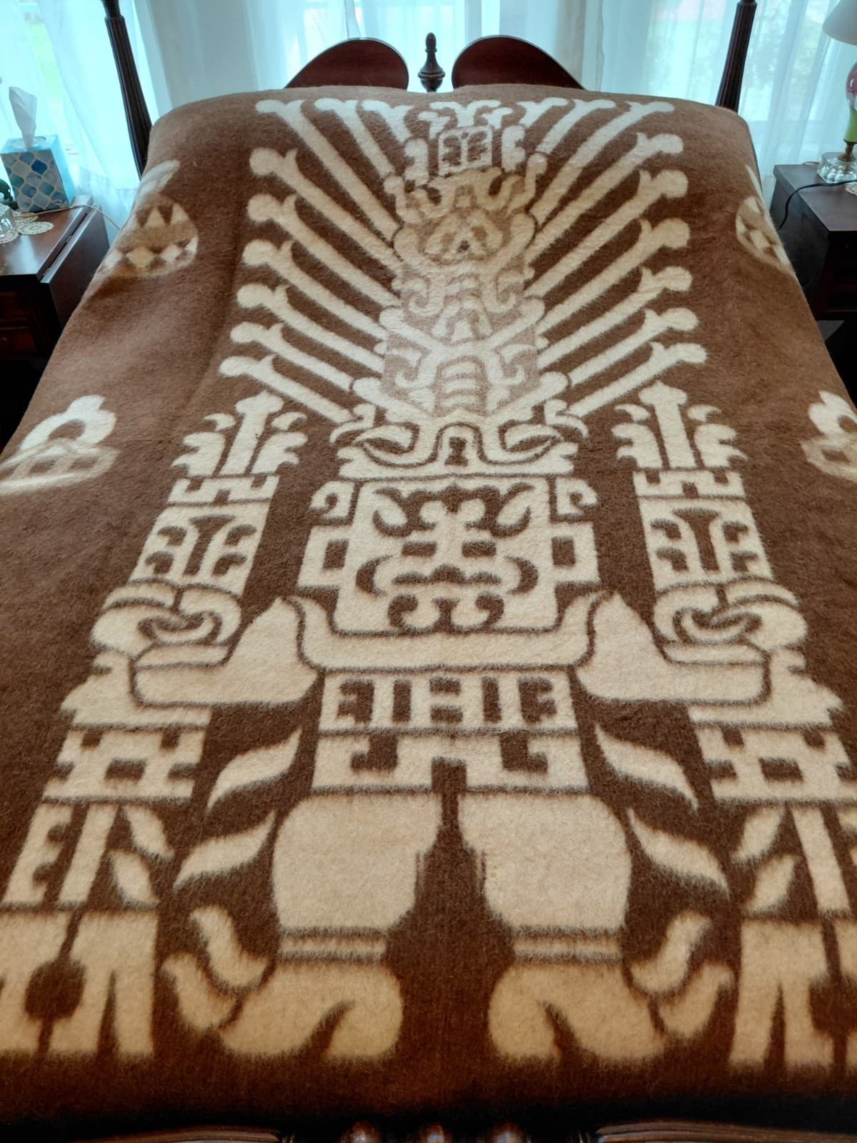 Vintage Peruvian Wool Blanket Reversible Inca Design 62" x 82" VGUC
