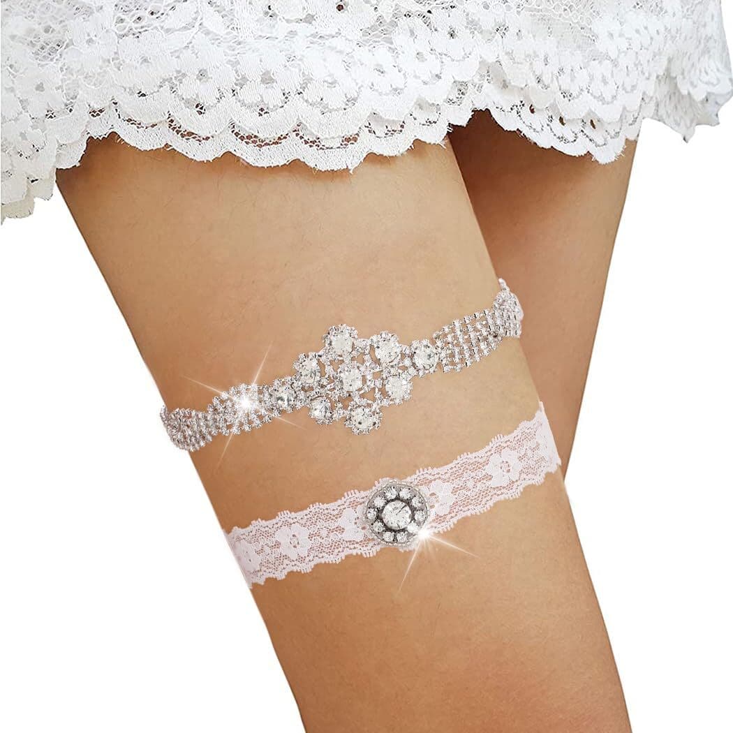 2 Pack Floral Crystal Wedding Garters Rhinestone Lace Pearl Stretch Bridal