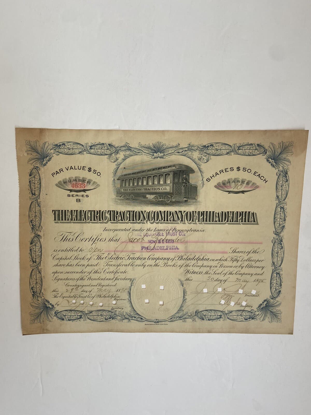 The Electric Traction Company Of Philadelphia 1895 Stock