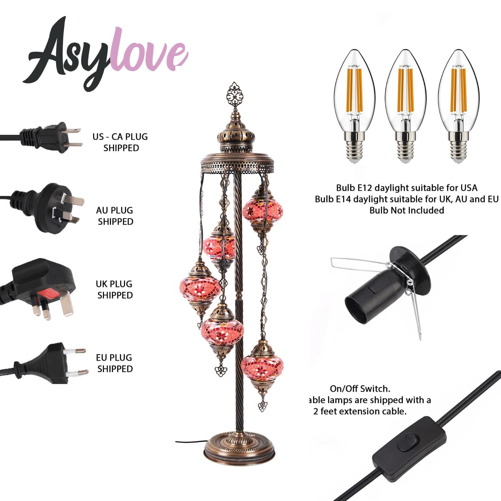 Turkish Floor Lamp, Moroccan Lighting, 5 Globe Mosaic Standing Lamp With Asylove 3