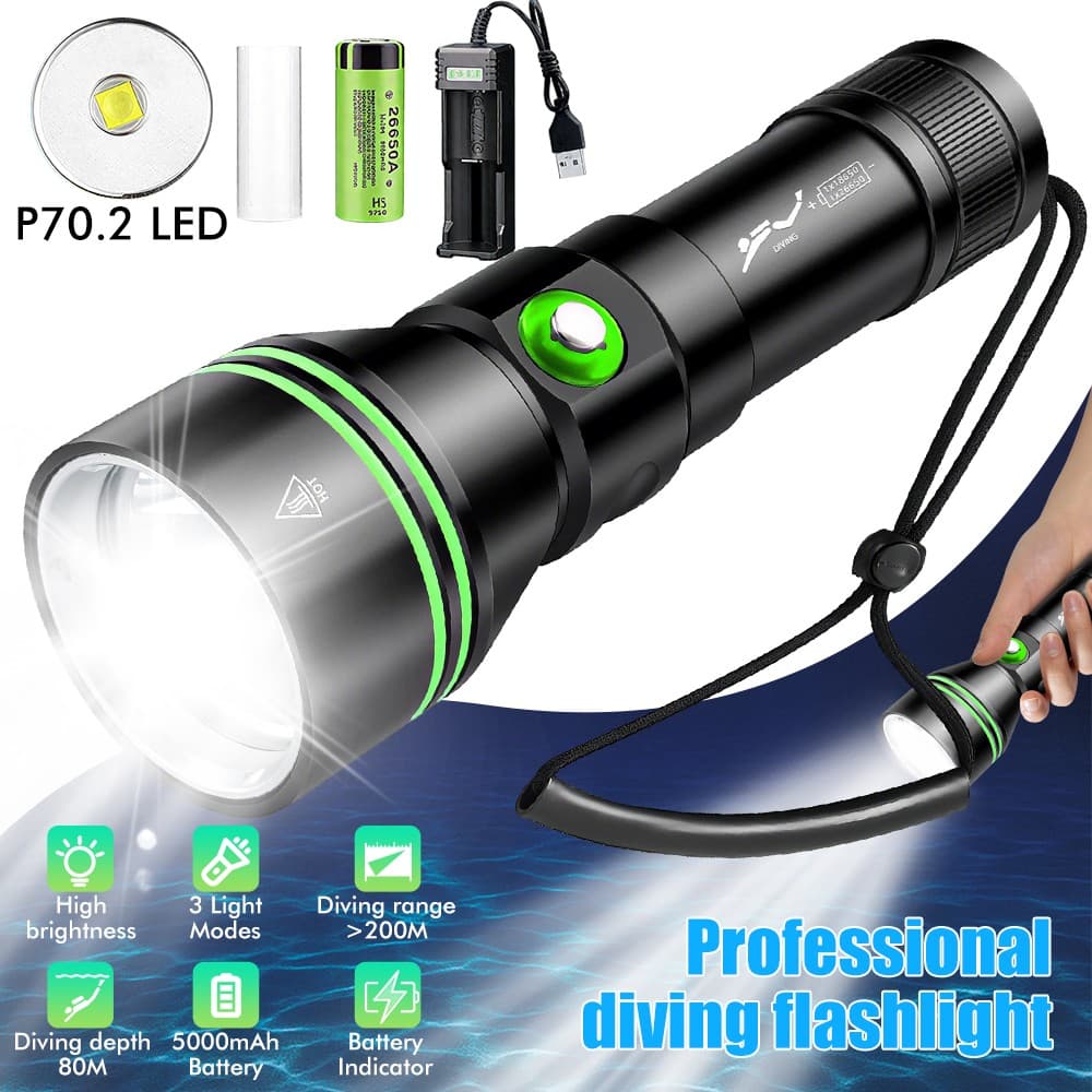 Professional Underwater Scuba Diving Flashlight LED Waterproof Dive Light Lamp