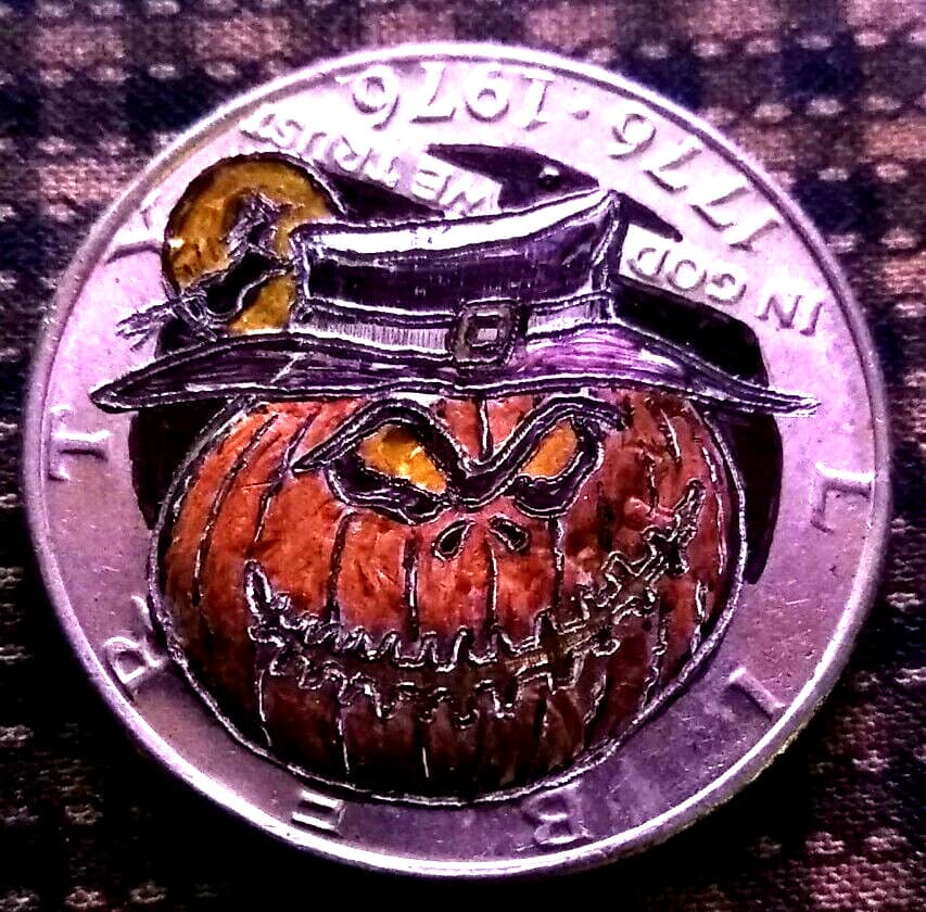Hobo Nickel hand carved original by J&M Tarantula Kennedy as happy Halloween