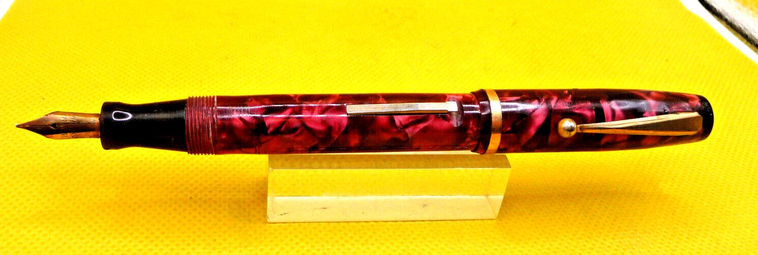 Wahl-Oxford Red Marble Lever fill Fountain Pen-flexible medium--working 2
