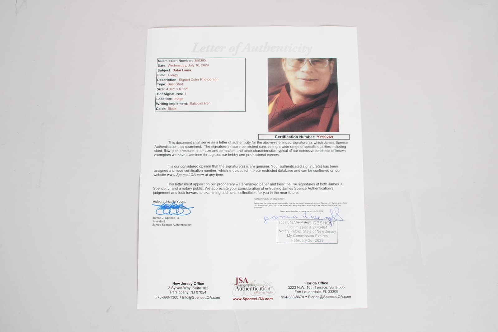 Dalai Lama Signed Photo 5x7 - COA JSA 5