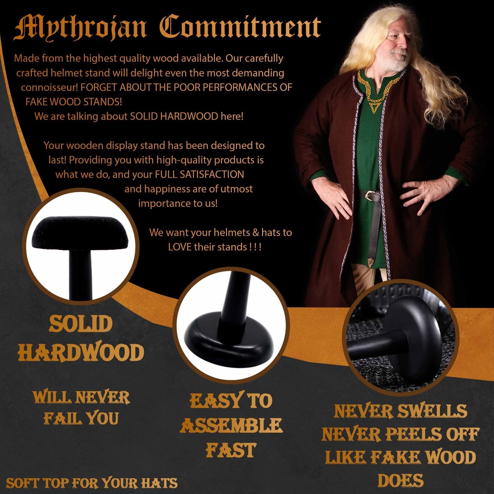 Medieval Helmet Stand Wooden Display Armor Holder Viking Knight Headwear Black 3