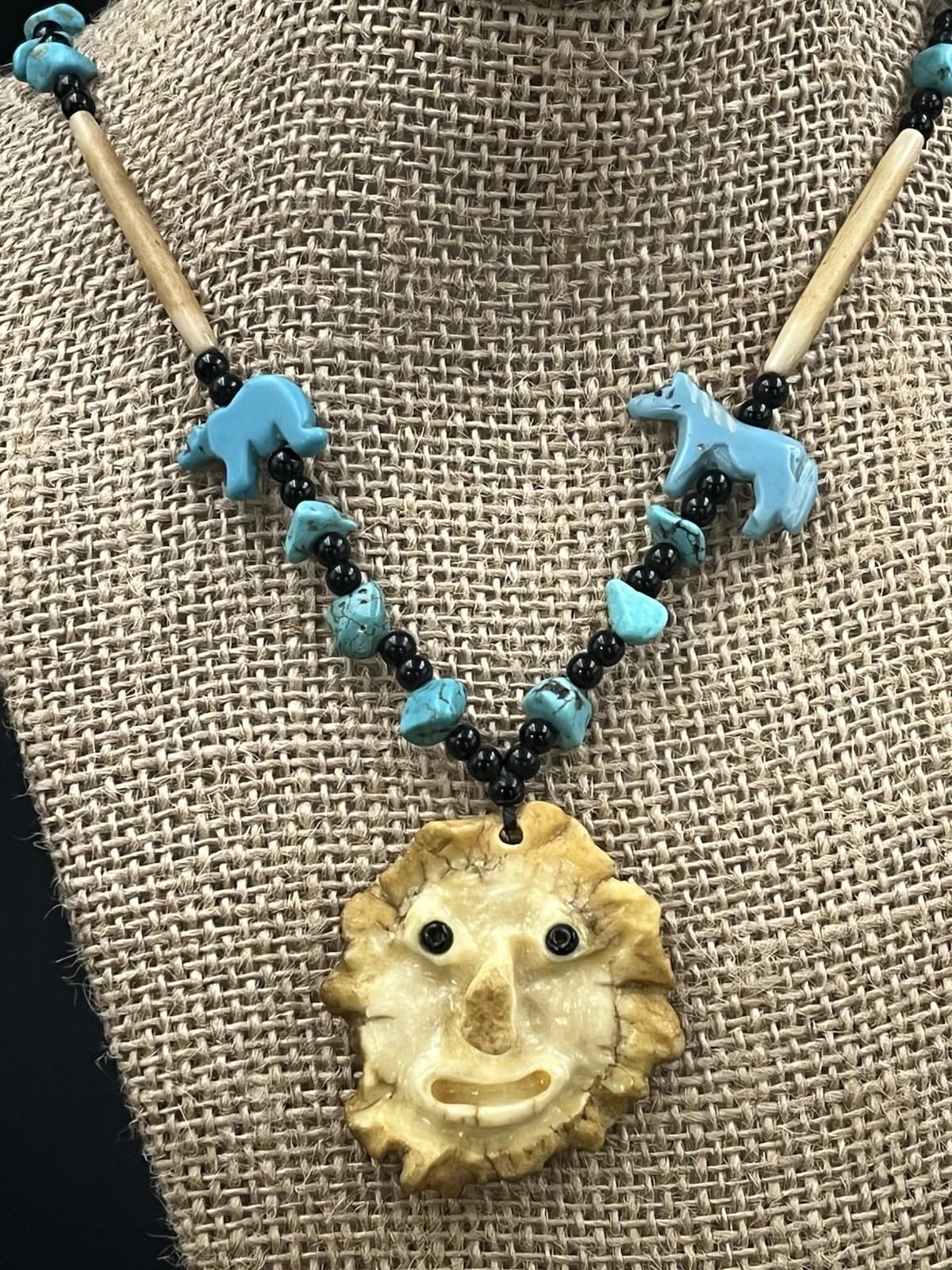 Native American Turquoise Carved Antler Face Beaded Necklace Folk Art Handmade 3