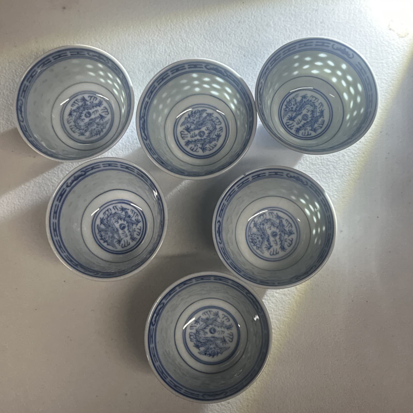 Vintage 6 Chinese Floral Blue White Porcelain Rice Eye Grain Bowl Jingdezhen 3” 4