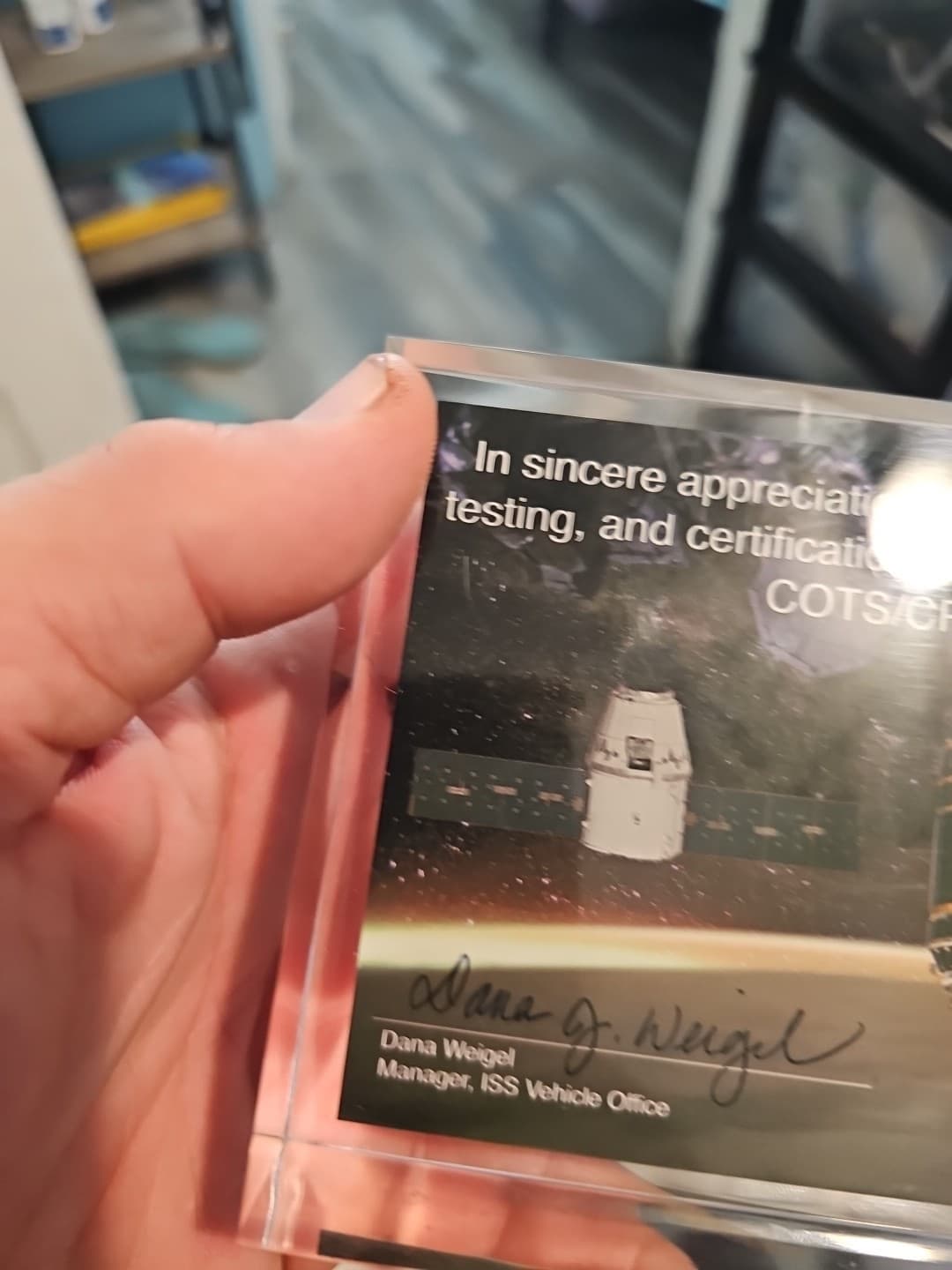 NASA ISS COTS/CRS & HTV Certification Plaque w/ Bolt Hardware – Dana Weigel Sign 3