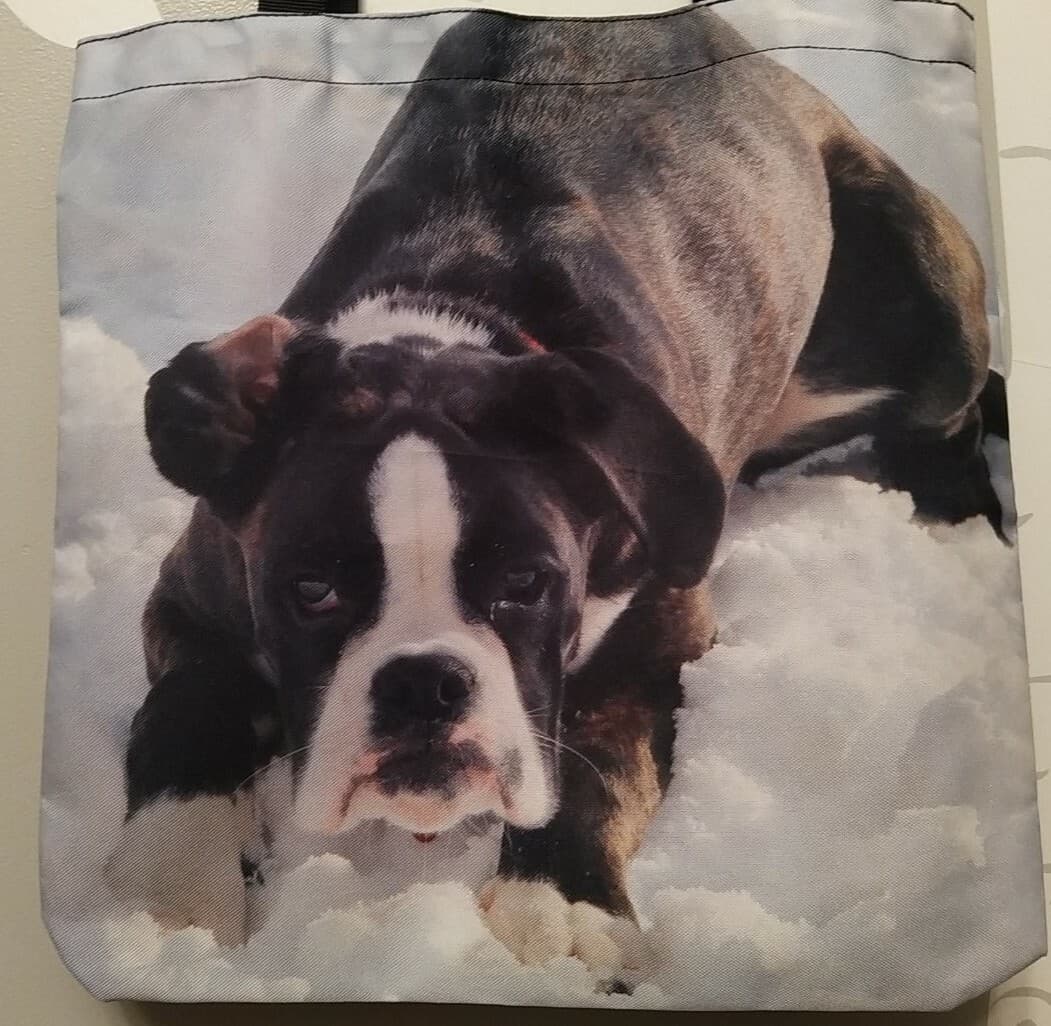 Tote Bag, American Bulldog puppy playing in the snow 2