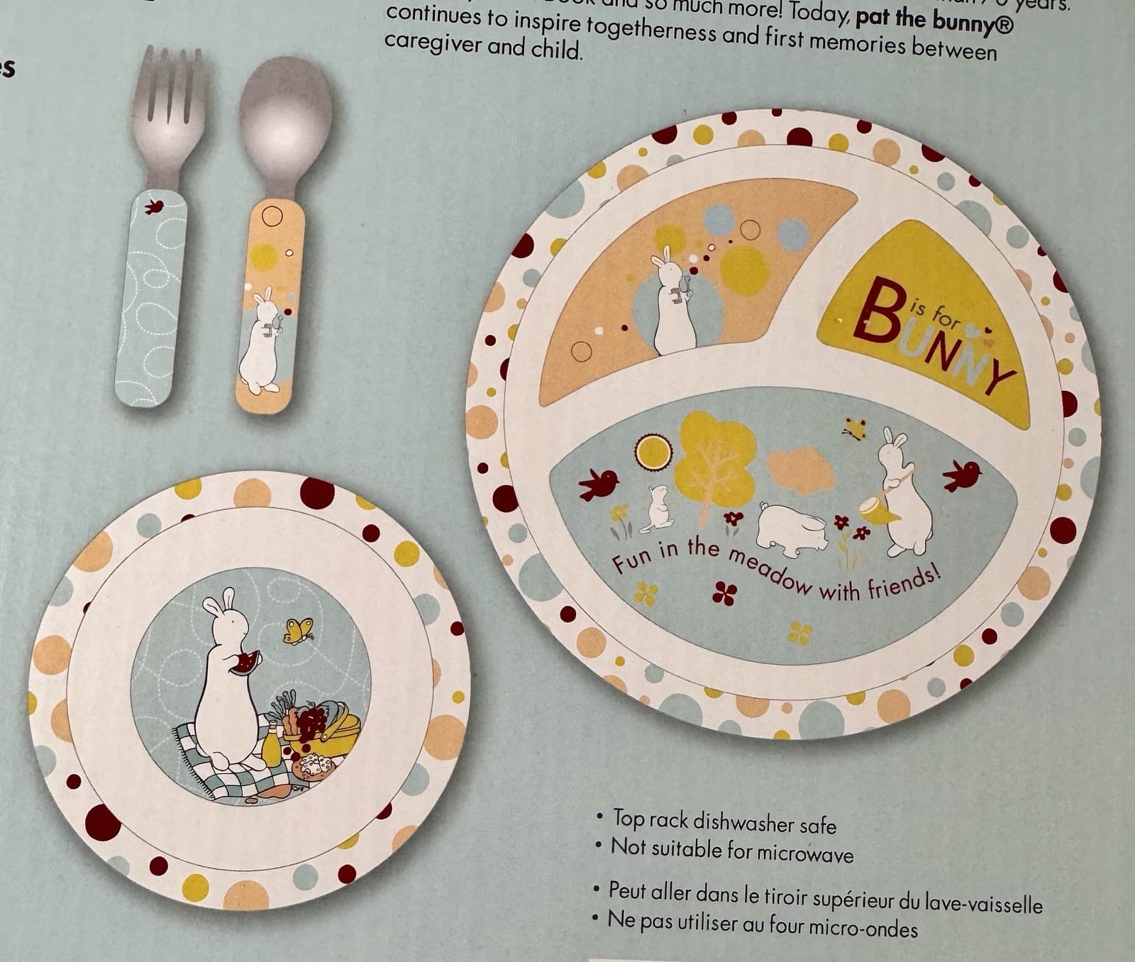 Child’s 4 Pc Melamine Dinnerware Set Pat the Bunny Plate, Bowl, Fork & Spoon NIB 2