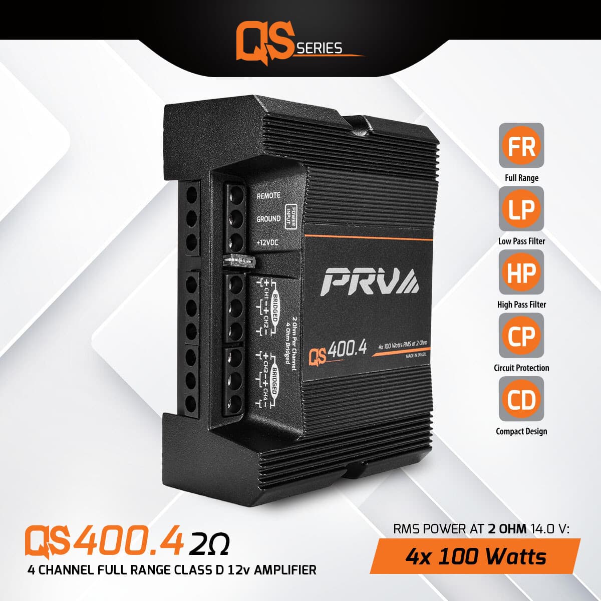 PRV Audio QS400.4 2Ohm Compact 4 Channel Digital Class D Full Range Car Amp 400W 3