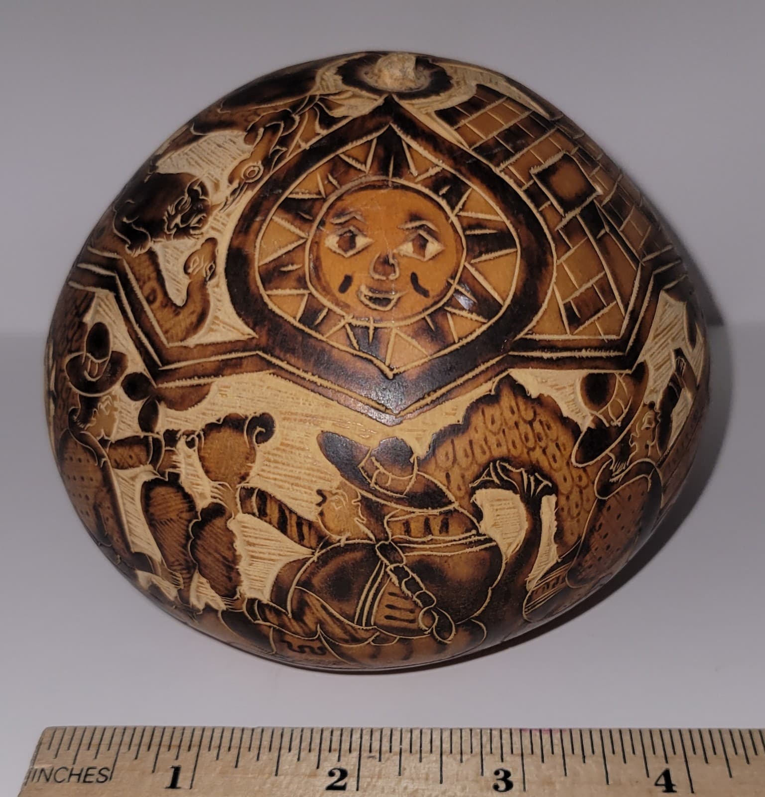 Peruvian Carved Gourd Primative Art