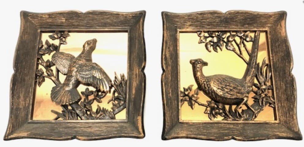 1963 Coppercraft Guild Two Copper 3-D Bird Wall Hangings Pheasants 9x9 Set GUC 5