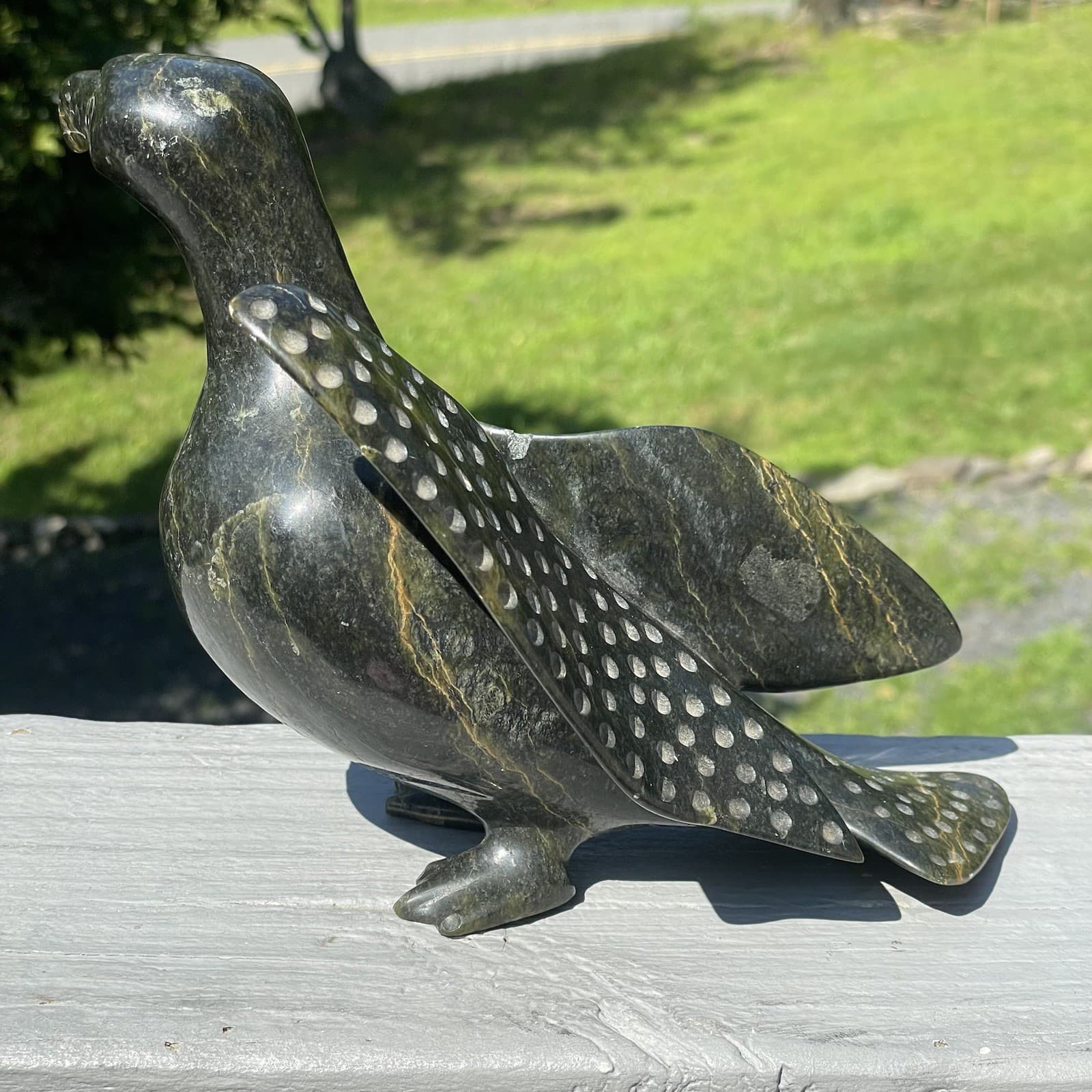 LARGE Hand Carved Inuit Serpentine Eagle Bird Green Stone Native Art Sculpture 3