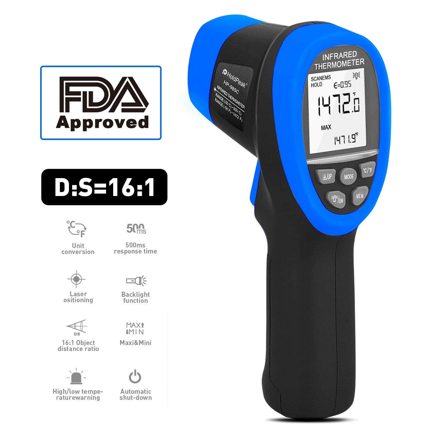 -50~800℃ Digital Infrared Thermometer Gun Double Laser IR Temperature Meter 16:1
