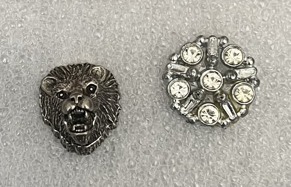 Two Tie Tacks-Pin Backs-Lapel Pins Pewter Bear & Pot Metal With Clear Rhinestone
