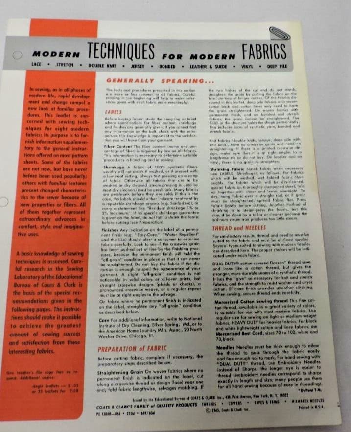 4 1950s - 1960s Sewing Educational Pamphlets Lot: Sewing with thread & Fabrics 5