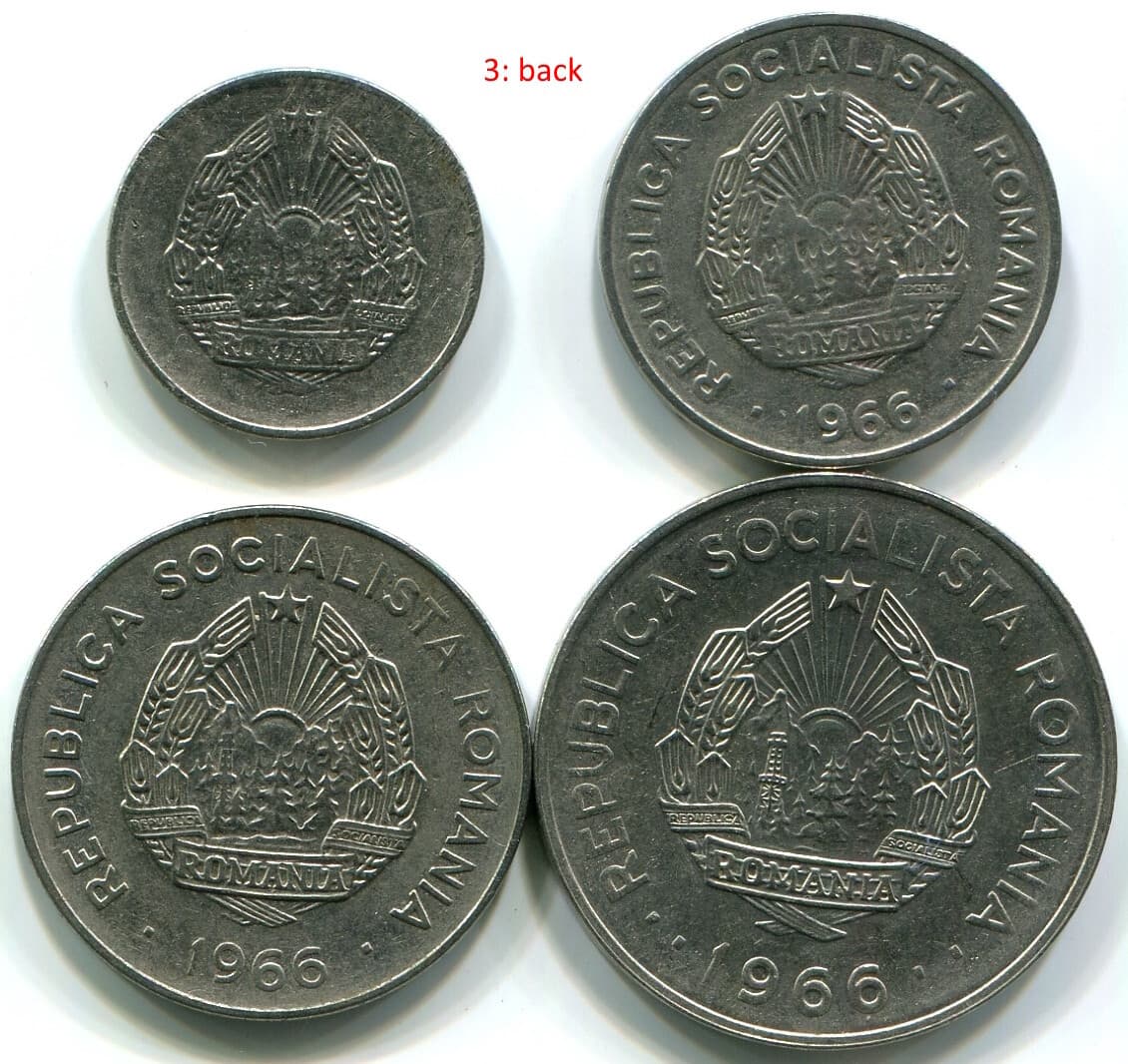 Romania 1966, 5 bani + 15 bani + 25 Bani + 1 Leu, lot of 4 vintage coins. C169 6