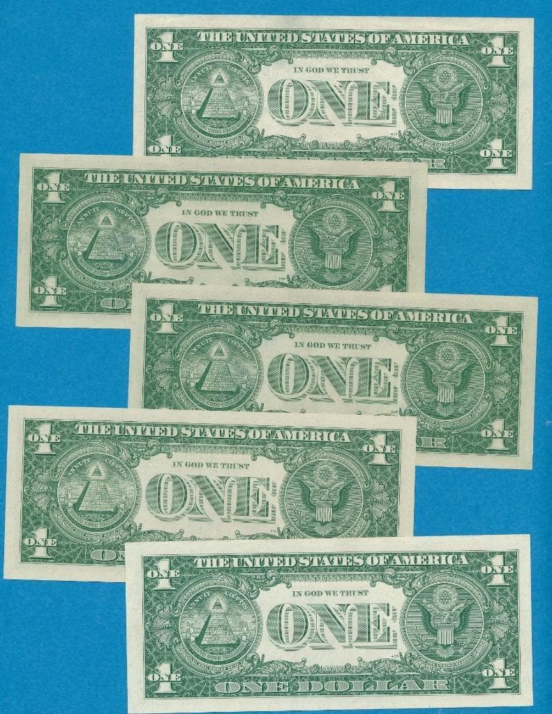 5-$1.00 1957 MIXED SILVER CERTIFICATES  CHOICE+ GEM NEW  DEALERS LOT 2