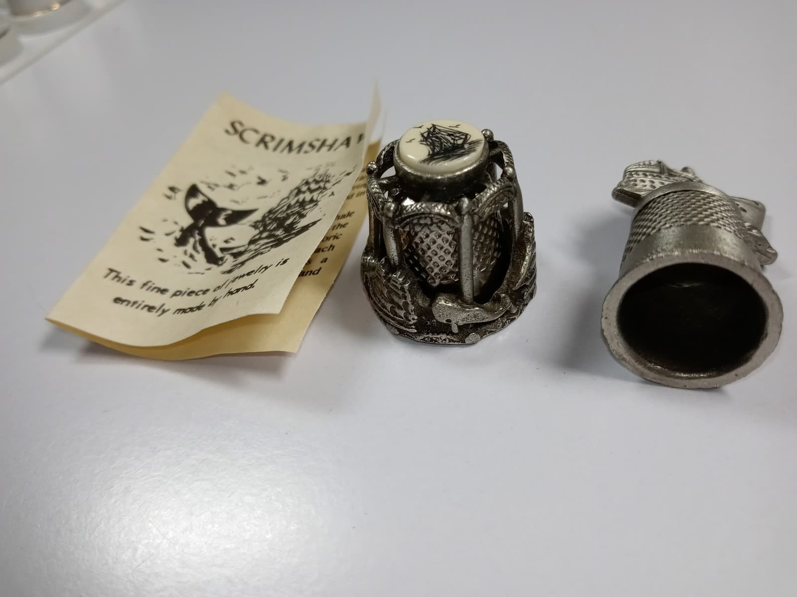 Lot of 2 Thimbles Caged Pewter with Scrimshaw Top & Pewter Ship from Fort Inc