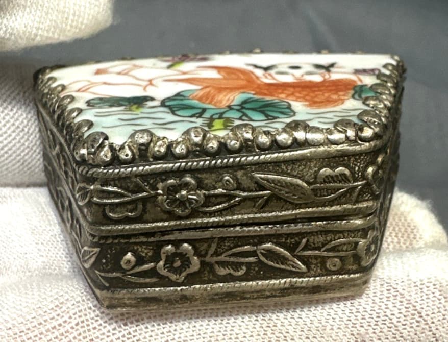 Vintage Cloisonne Enamel Silver Porcelain Chinese Mirror Trinket Boxes lot of 2 4