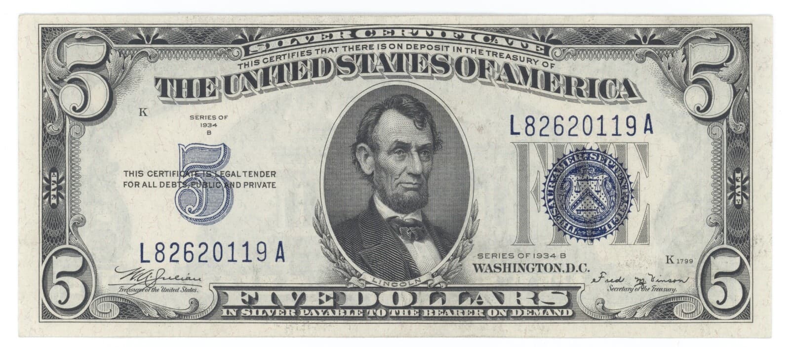 1934B $5.00 Two Consecutive Silver Certificates  Julian - Vinson F-1652 3