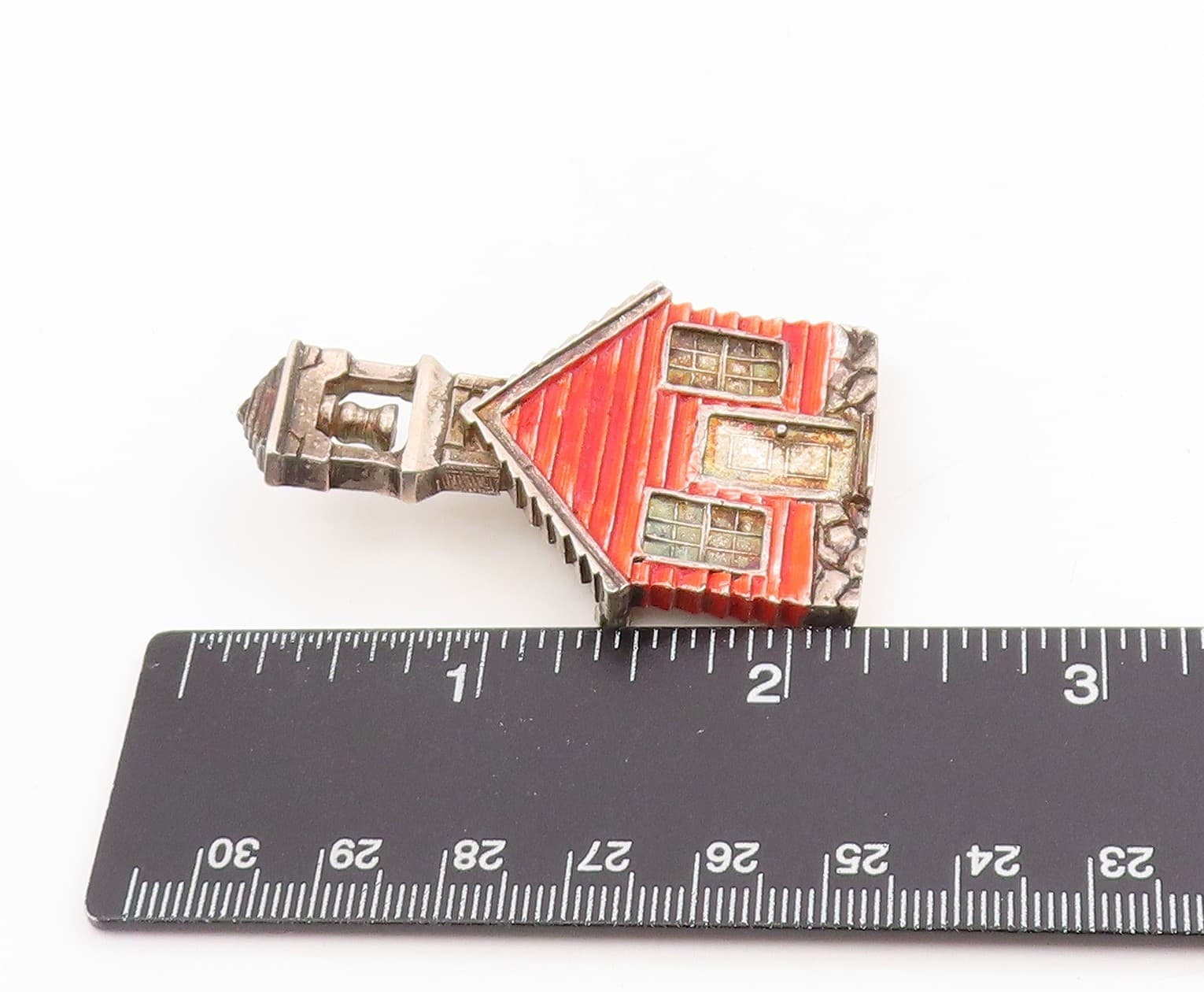 925 Sterling Silver Vintage Brooch Red Enameled Schoolhouse With Bell  BP12046 5