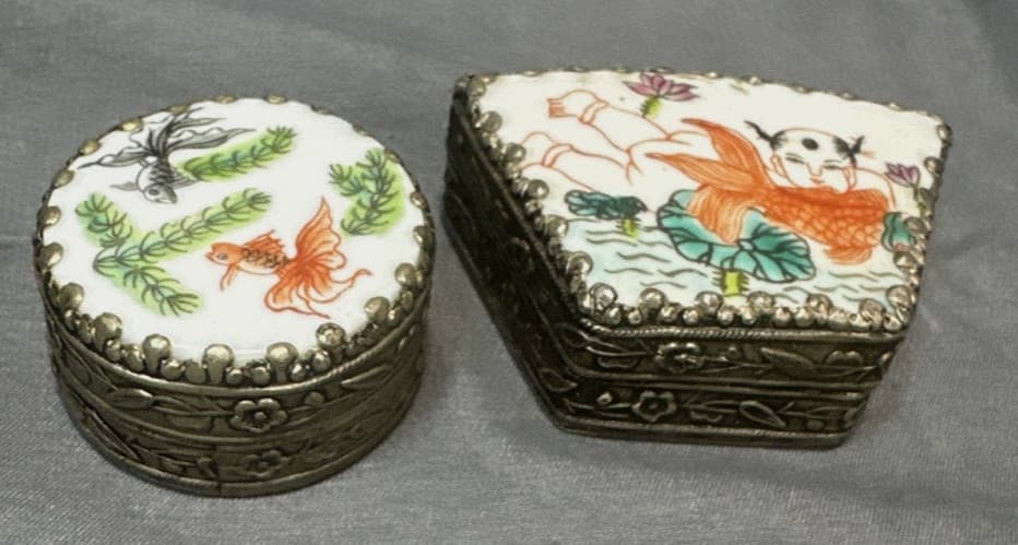 Vintage Cloisonne Enamel Silver Porcelain Chinese Mirror Trinket Boxes lot of 2 5