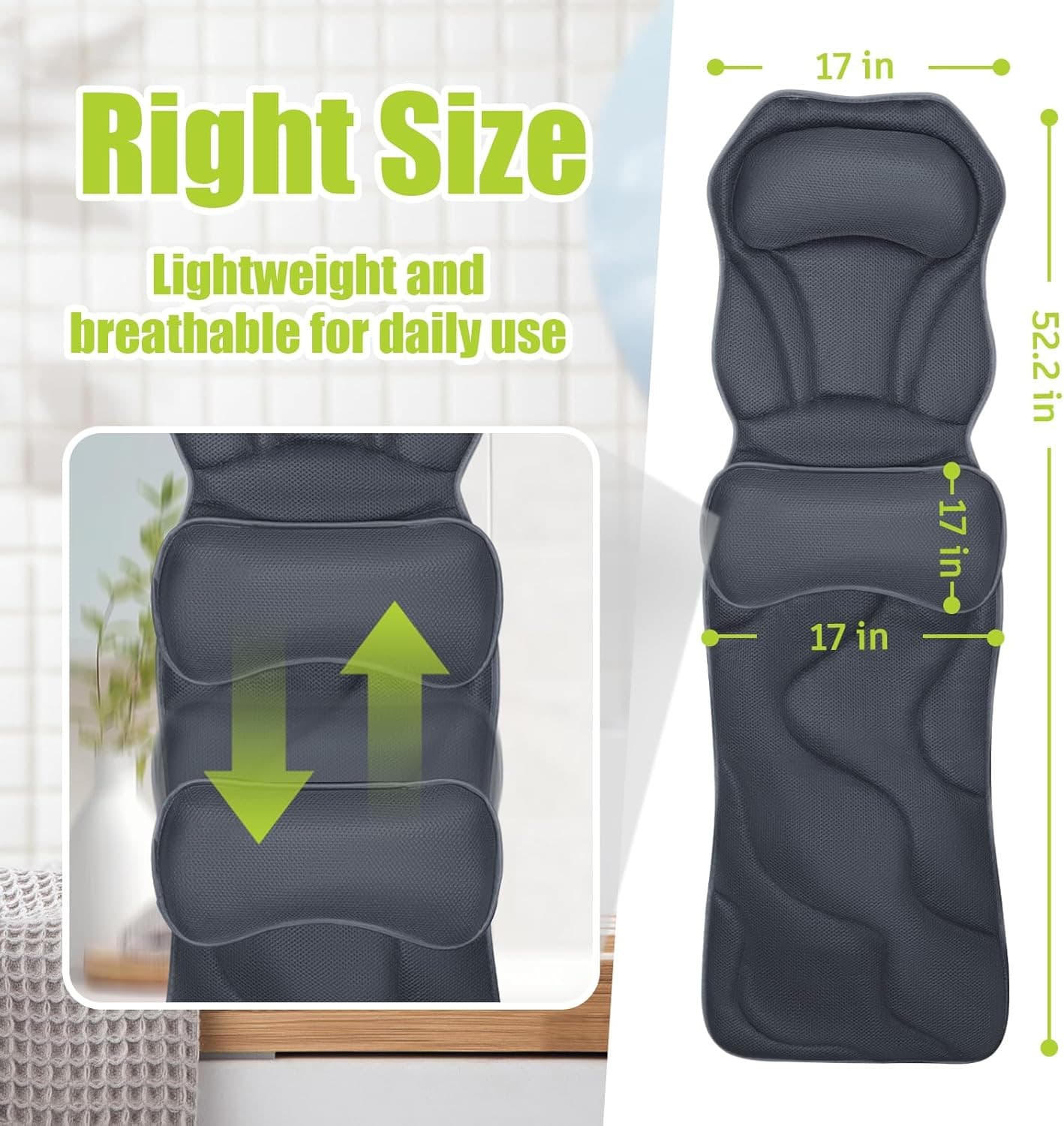 Full Body Bath Pillow for Tub - Extra Long & Thick Tub Pillow with Head, Back & 2