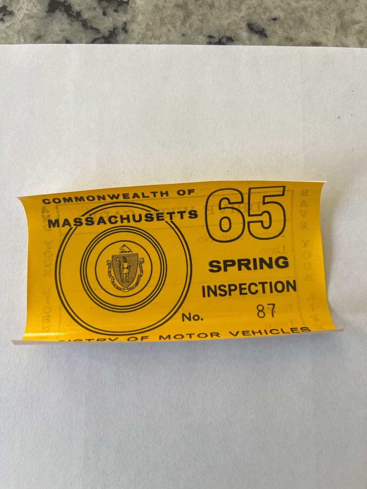 1965 Massachusetts Mass MA Unissued Spring Inspection Sticker NOS