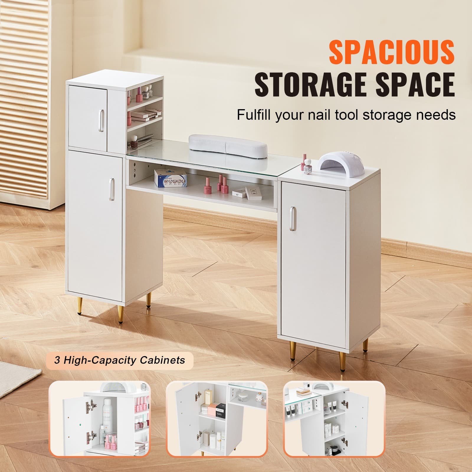 Uimoso Manicure Table Glass Top Nail Desk Makeup Dressing Station w/ Wrist Rest 2