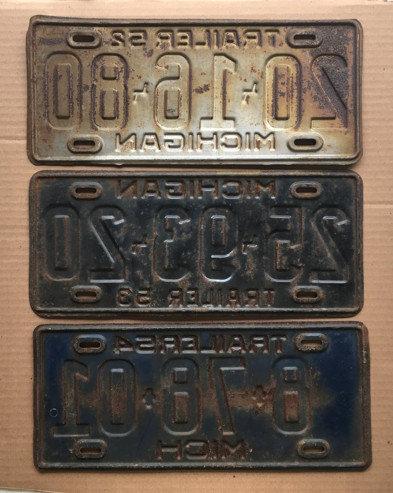 3 Vintage Michigan Trailer License Plates 1952 1953 1954 2