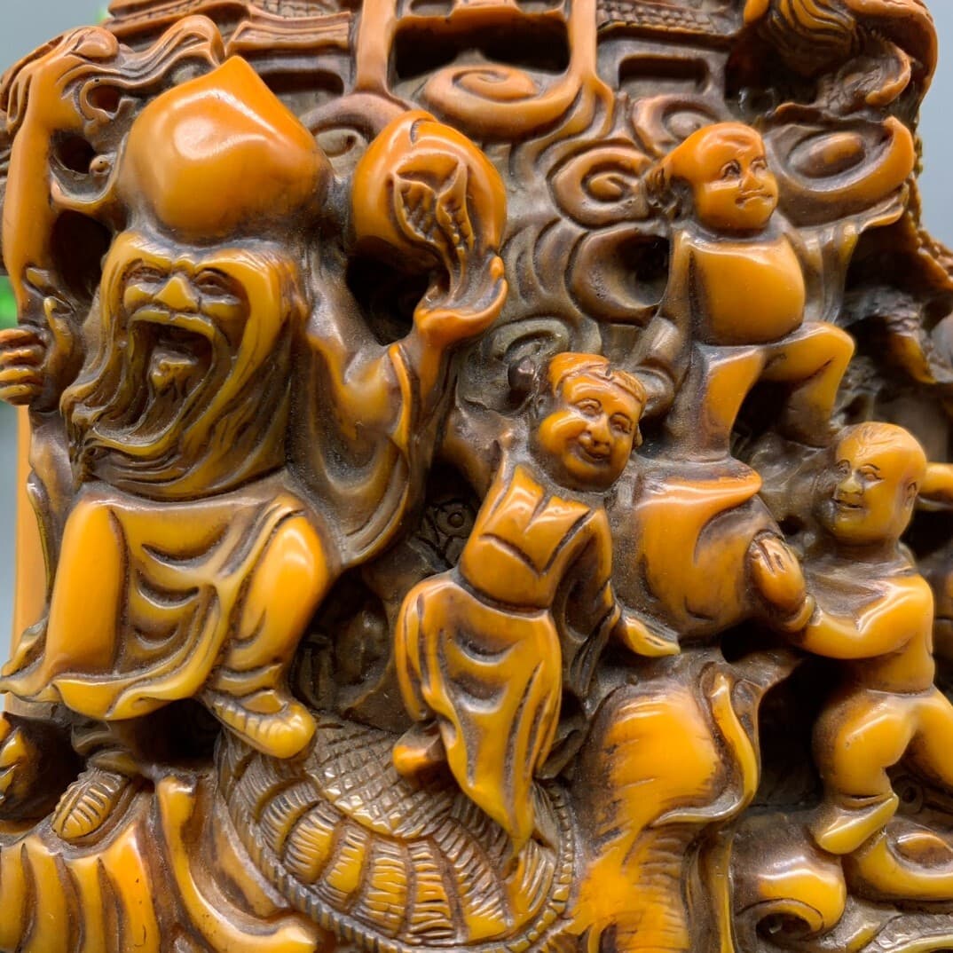 4.3"Noble old shoushan stone handwork carved Longevity god and children statue 2
