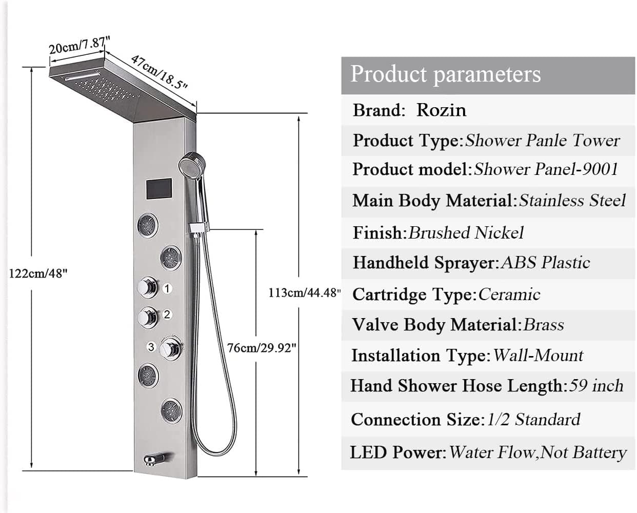 LED Shower Panel Tower Rain&Waterfall Shower Head Massage Full Body System Jets 4