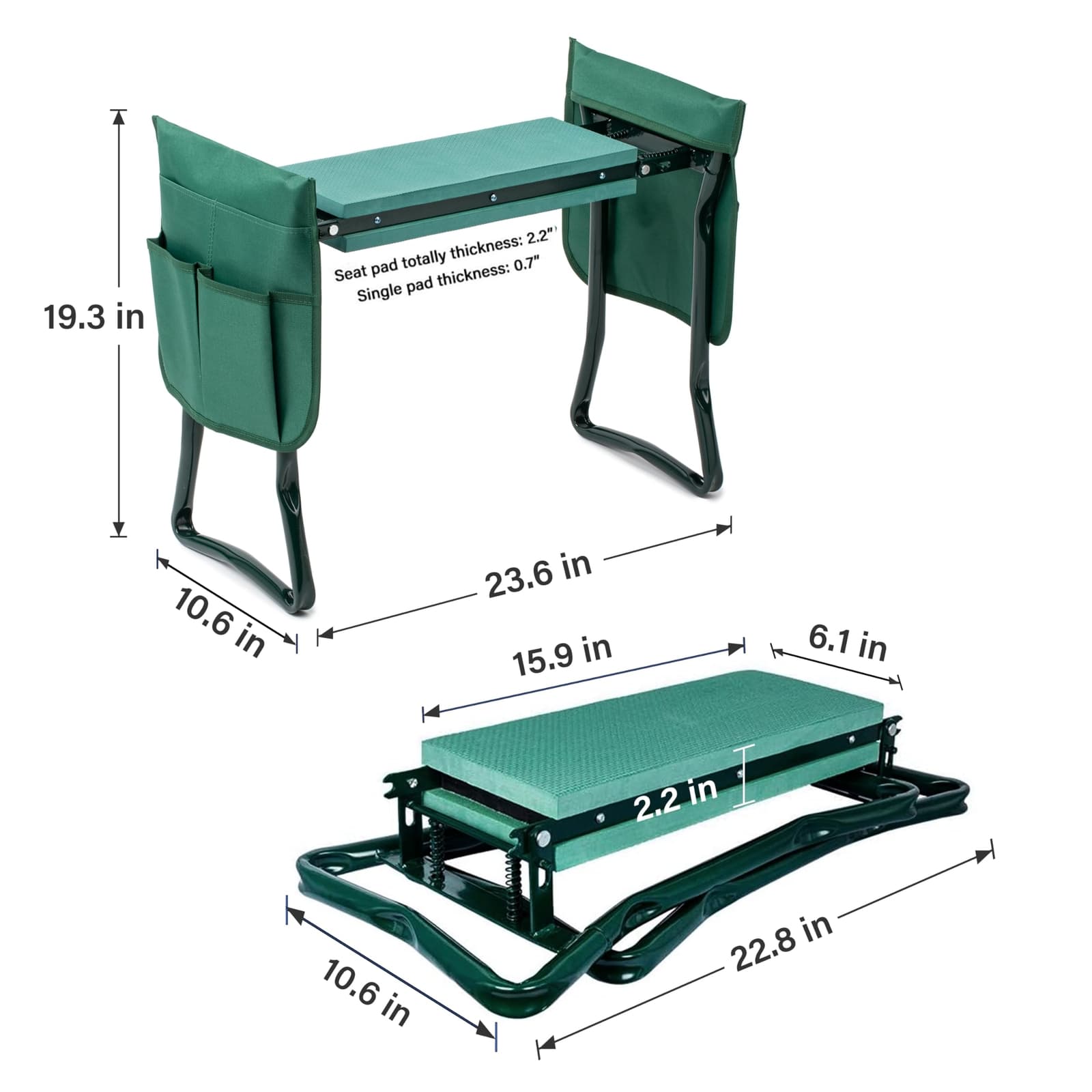 Garden Kneeler and Seat Foldable with 2 Tool Pouch for Gardening Fishing Green