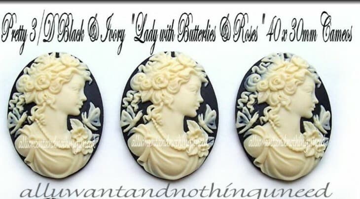 3 IVORY color BUTTERFLY ROSE GODDESS on BLACK Costume Jewelry 40mm x 30mm CAMEOS