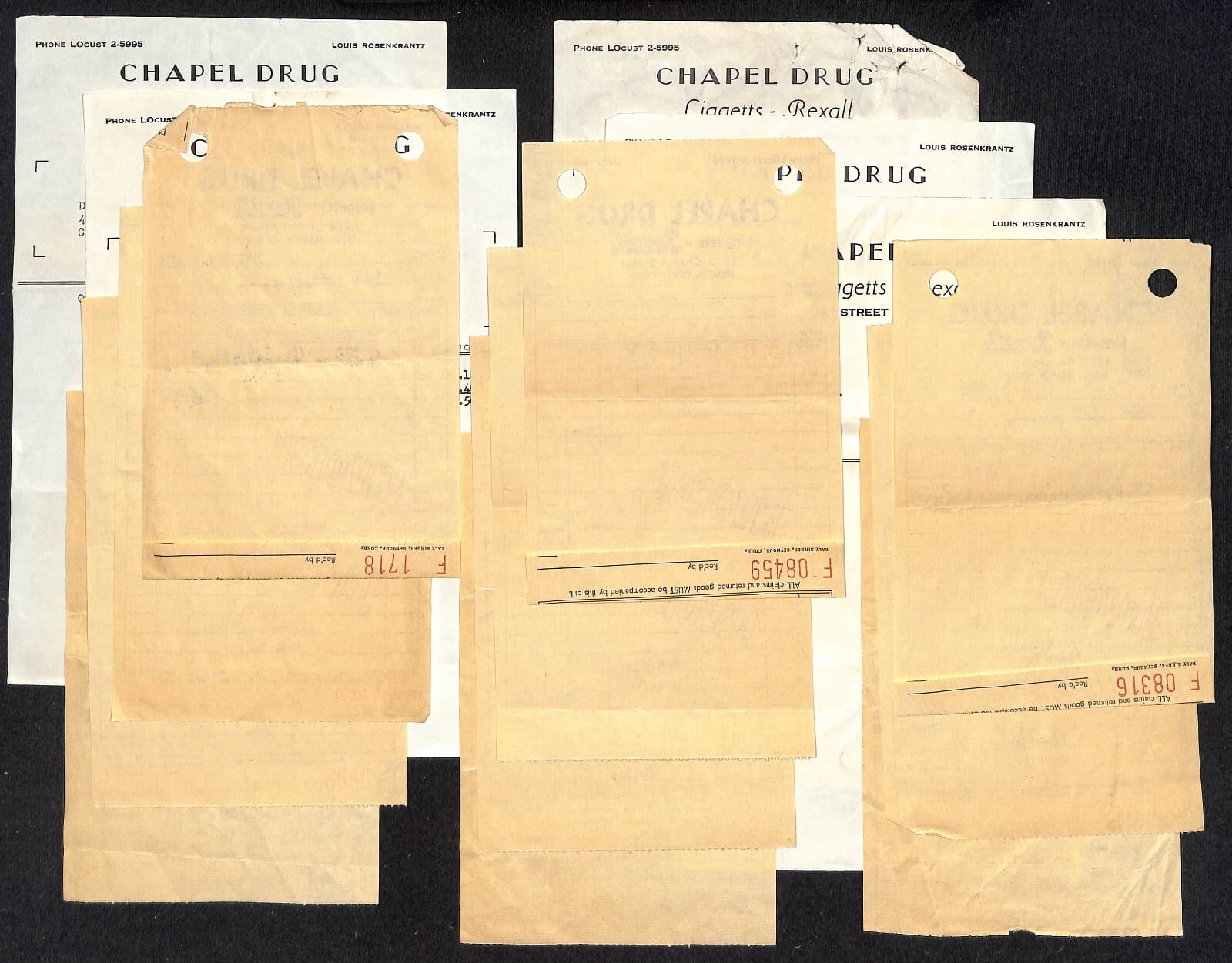 Group of 16 Mostly 1960 Chapel Drug Rexall New Haven, CT Invoice Sheets Scarce 2