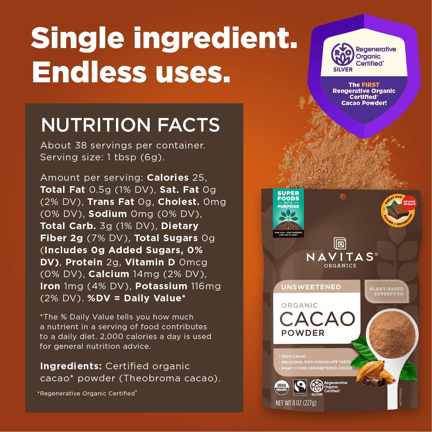 	Navitas Organics Cacao Powder 8oz. Bag 15 Serving Organic Non-GMO Gluten-Free	 3