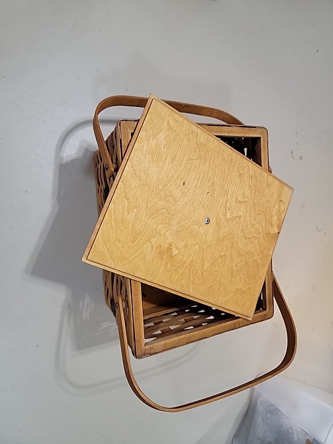 Vintage Handcrafted Signed Wood Basket Weave Large Picnic Basket With Wood Tray 5