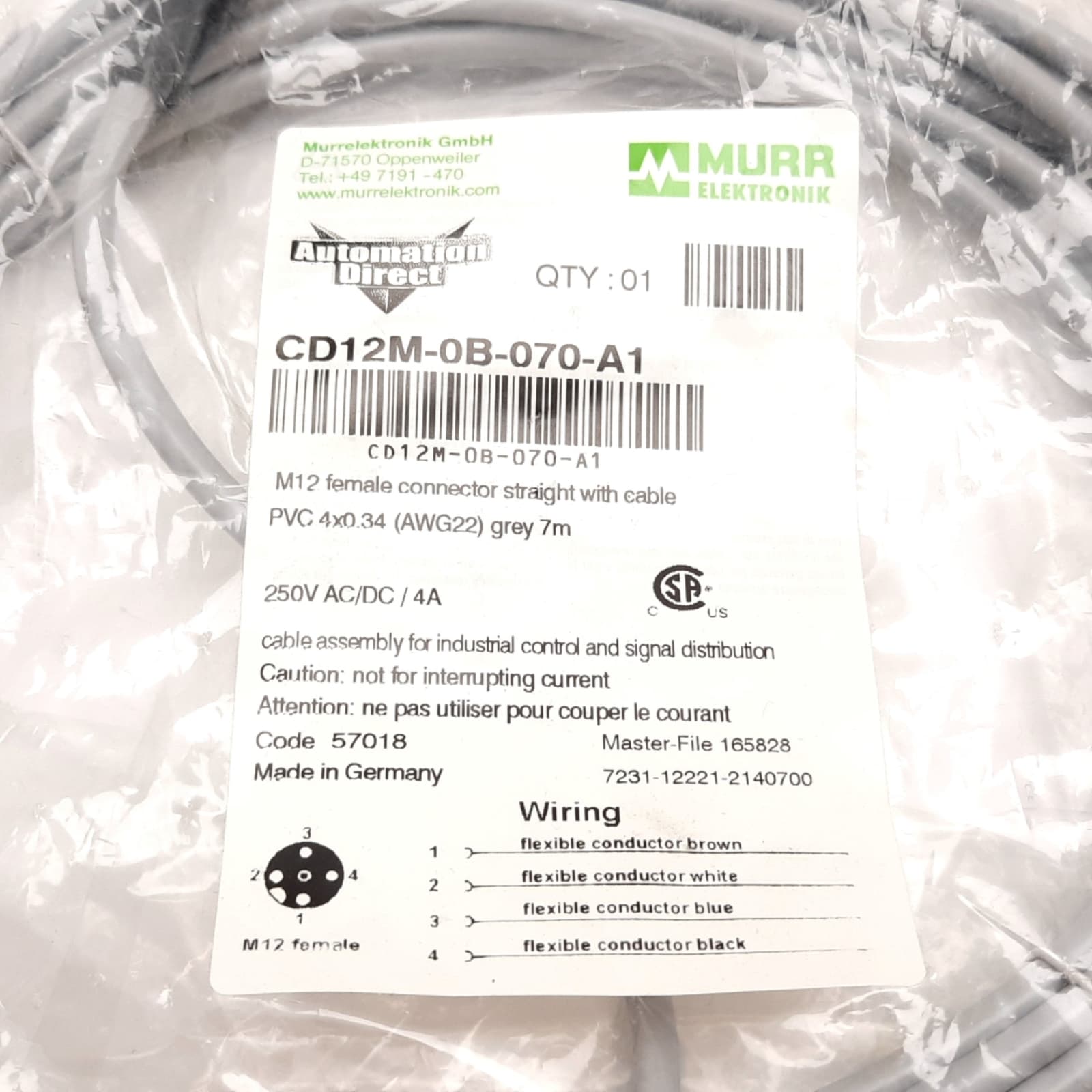 Automation Direct CD12M-0B-070-A1 Cable, 4-Pin M12 Female to Flying Leads, 7m 2