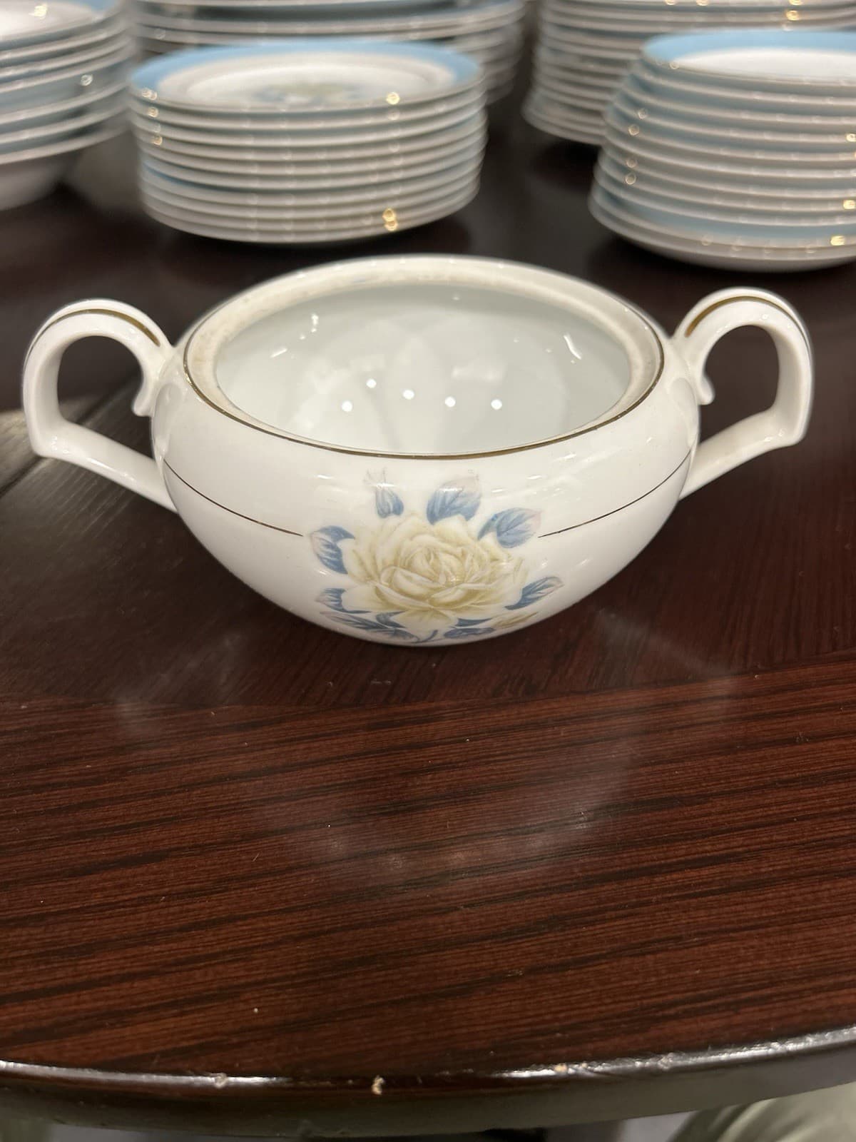 Vintage Narumi China Japan Yellow RoseN258Dinnerware Set-67Pieces BlueTrimGoldEd 3