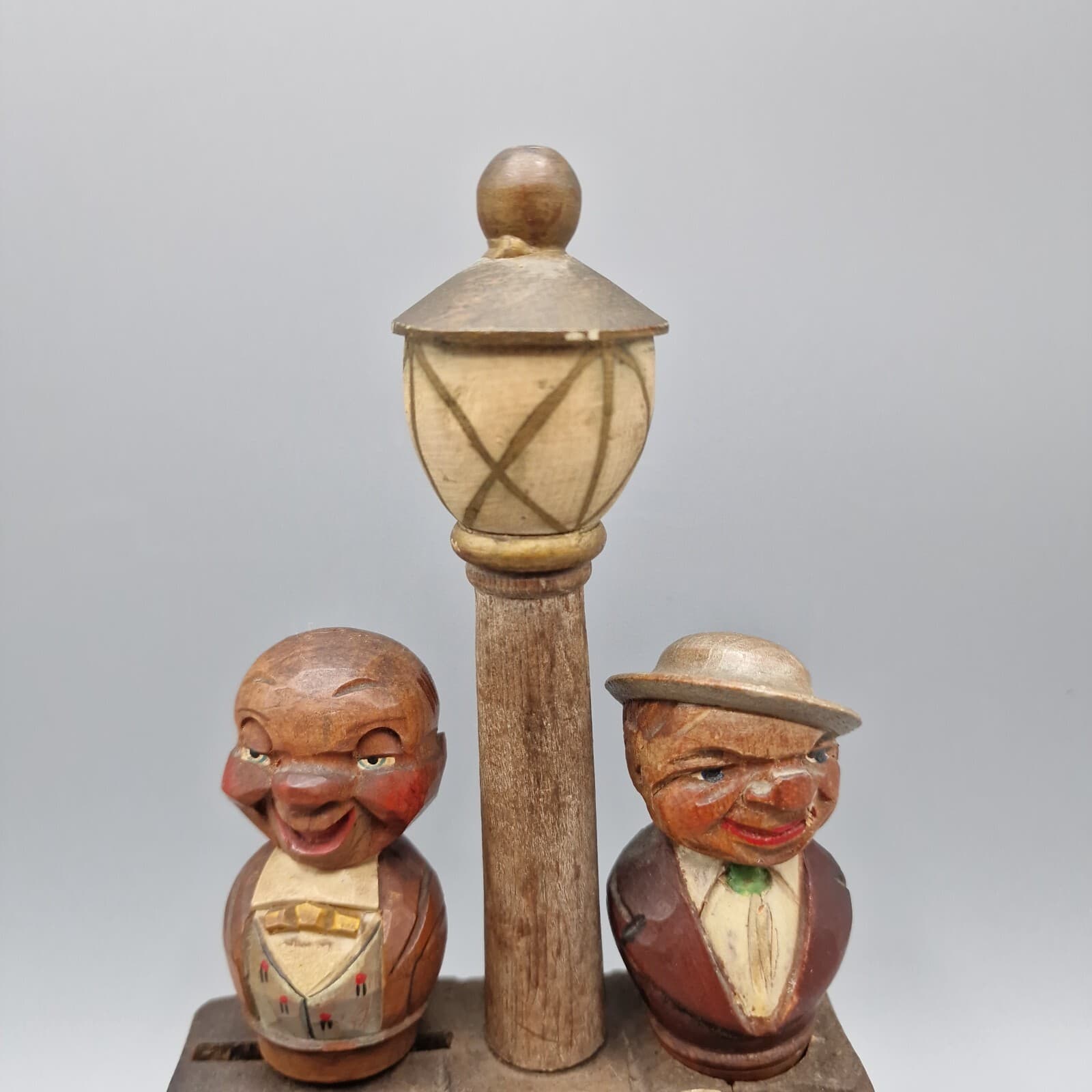 VTG Anri Hand Carved Wood Bar Set - Opener, Cork Screw, Cork - 2 Men & Lamp Post 4