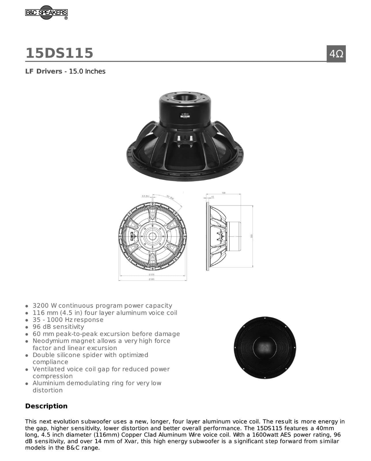 2x B&C 15DS115-4 15" Neodymium Subwoofer Speaker 3200W 4-Ohm Bass Sub 35-1000 Hz 4