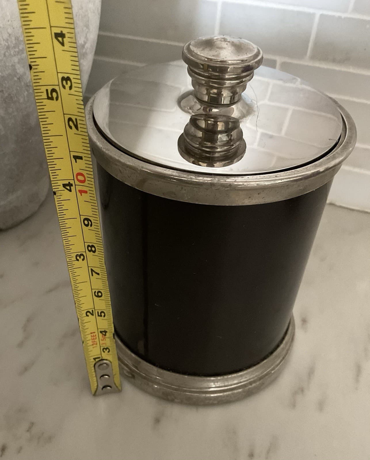 Restoration Hardware Bathroom Storage Canister W Lid, DK Brown/silver,$44 Retail 6